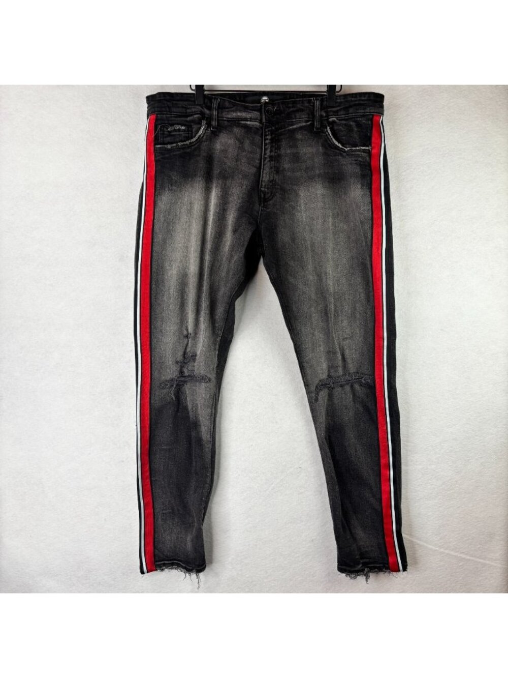 Jordan Craig Jeans Mens 42x32 Black Stretch Sean Distressed Red Strip Skinny